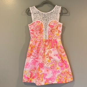 Lilly Pulitzer Pink, Yellow & White Crochet-Yoke Floral Mini Dress